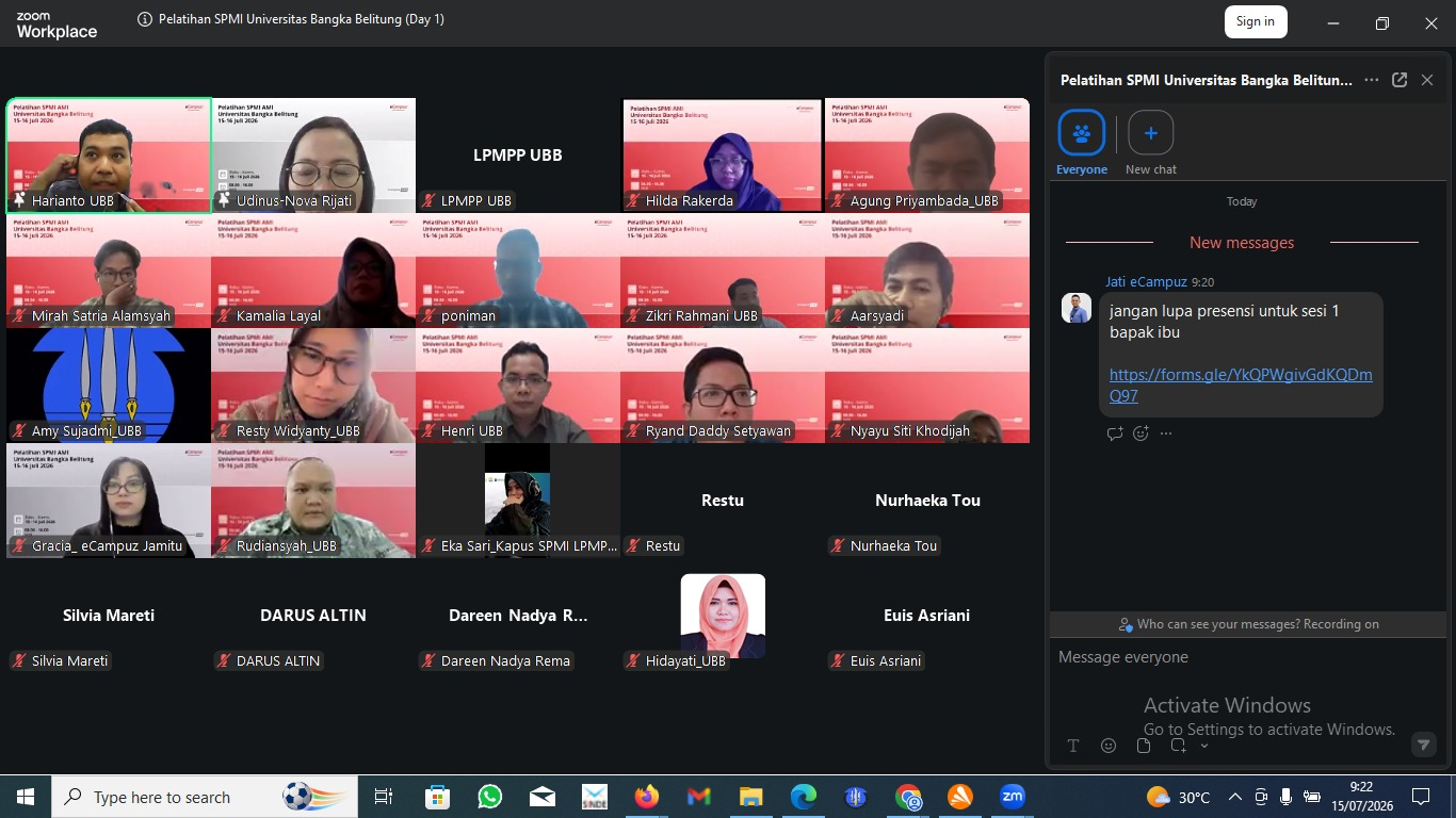 Peserta Pelatihan SPMI dan AMI UBB Tahun 2026 melalui Zoom Meeting